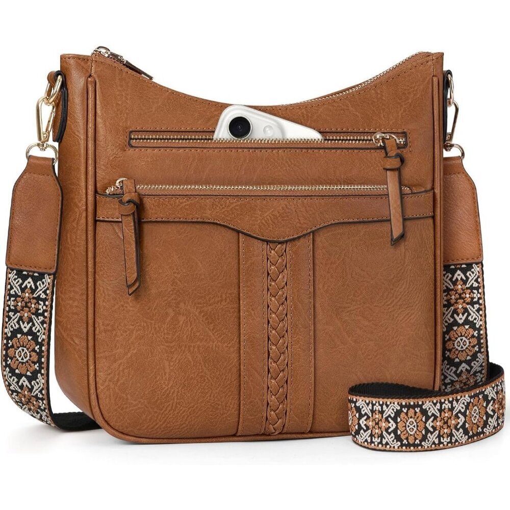 Women’s Brown Leather 7-Pocket Purses Crossbody Bags And Shoulder Bag